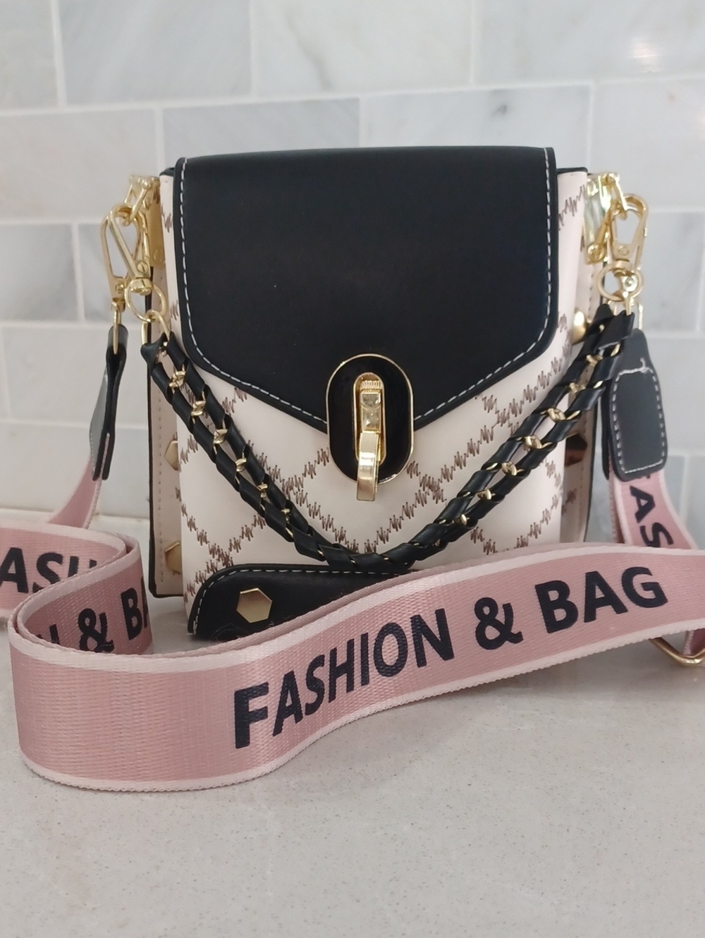 Black Cream Pink Diamond Crossbody Mini Box Bag Purse Removable Wide Strap